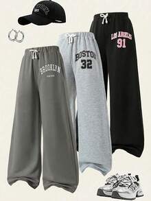 Sparklyn 3pcs/Set Girls Casual Loose Fit Letter Print Comfy Wide Leg Pants, Suitable For Spring/Autumn, Christmas