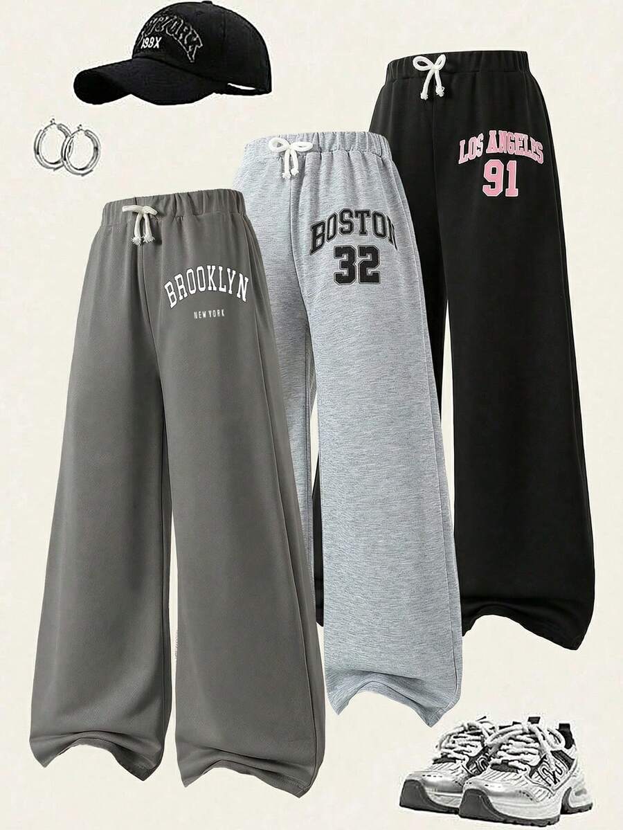 Sparklyn 3pcs/Set Girls Casual Loose Fit Letter Print Comfy Wide Leg Pants, Suitable For Spring/Autumn, Christmas