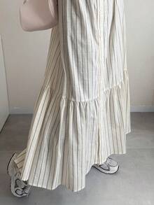 FRIFUL Striped Stand Collar Drop Shoulder Long Sleeve Hem Splice Pleated Full Zip Loose Casual Versatile Dress Wedding Guest Dress - Apricot - View 2