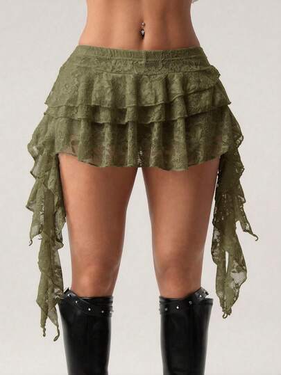 SHEIN ICON Minifalda casual de vacaciones con cintura baja, encaje blanco sexy y volantes, con pantalones cortos de para evitar que se levante la falda