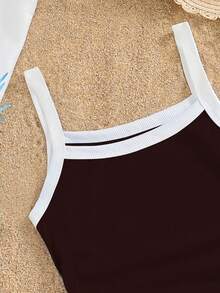 少女休闲修身撞色吊带背心，百搭风格，适合外出、度假、上学、春夏穿着 - 咖啡棕 - 查看 3