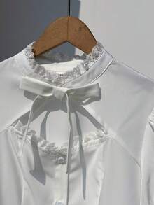 Teen Girls Delicate Style White Bowknot Hollow Out Blouse, Suitable For Campus, Commute, Party, Casual Daily Wear, Versatile Chic Top - White - View 3