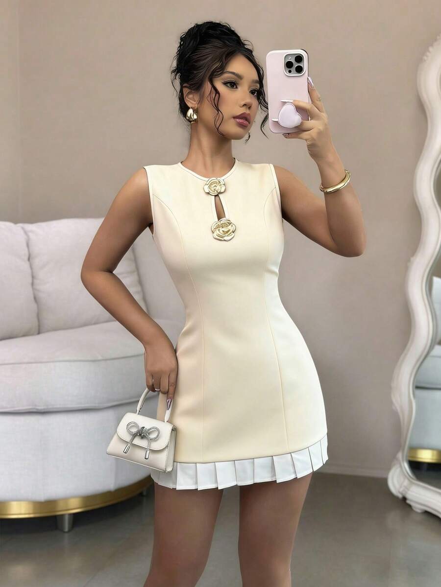 Rafferiza 女士优雅镂空金属花卉装饰撞色褶裥下摆无袖修身迷你连衣裙,夏季 - 彩色 - 查看 1