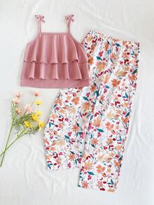 Vintaside Kids Girls' Sleeveless Elegant Camisole Top And Casual Digital Printed Pants Set, Suitable For Spring/Summer Outings, Vacations Or Daily Casual Wear