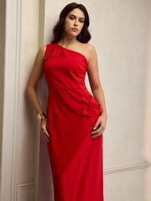 ZEYLAH Elegant Date Night 3D Floral Decor Midi One Shoulder Dress - Red - View 6
