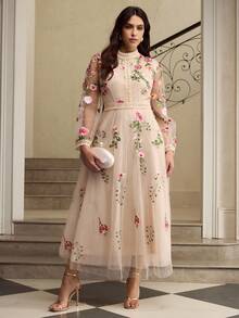 ZEYLAH Plus Size Embroidered Lace Patchwork Long Sleeve Dress Fall - Apricot - View 5
