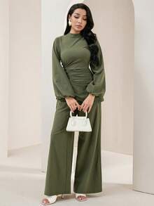 Veilorie 2pcs Women Casual Solid Color Side Ruched Long Sleeve Top And Pants Set, Autumn - Blue - View 4