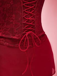 SHEIN ICON 大码性感蕾丝露背吊带上衣，前系带束腰蕾丝衬衫，适合约会、派对、情人节，酒红色 - 酒紅色 - 查看 11