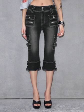 ROMWE Avant Jeans skinny vita ultra bassa cargo 7/8 stile vintage biker alla moda sexy da donna