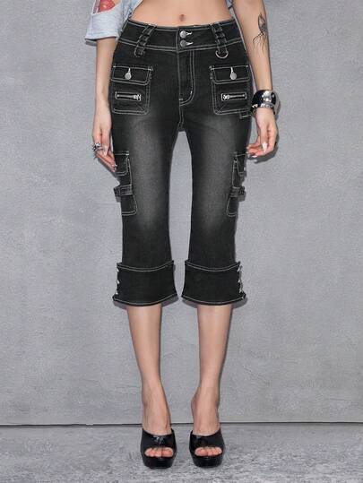 ROMWE Avant Jeans skinny vita ultra bassa cargo 7/8 stile vintage biker alla moda sexy da donna