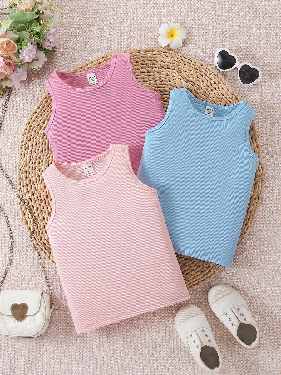 SHEIN Bộ 3 áo hai dây thun co giãn đa năng màu đen, trắng, kaki dành cho bé gái, thích hợp mặc thường ngày, đi nghỉ mát, mùa hè. - Nhiều màu - Xem 1