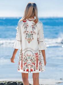 Sylviya 印花水溶蕾絲拼接喇叭袖連衣裙 - 白色 - 查看 2