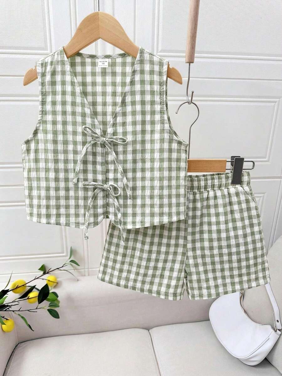 SHEIN Everyday Casual Tween Girls Short Plaid V Neck Tank Top With Knot Detail And Matching Shorts Co-Ord Set - Multicolor - View 1