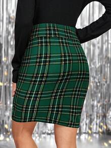 SHEIN Ellevyn Women's Elastic Knit Plaid Print Bodycon Skirt, Elegant For Daily Wear And Holidays - Green - View 5