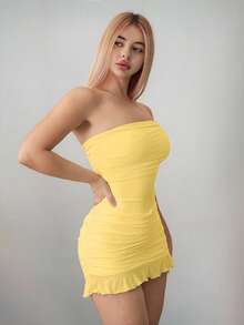 Sweetina Fitted Asymmetric Mesh Off Shoulder Mini Dress - Yellow - View 5