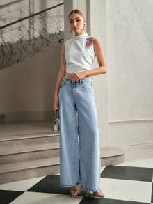 Selenza 女士花卉刺绣口袋阔腿宽松休闲牛仔裤 - 藍色 - 查看 6