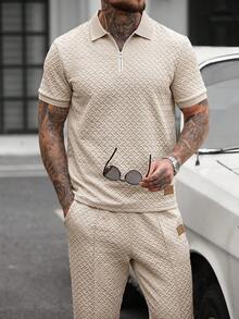 Manfinity CasualCool 男士纯色拼接半拉链短袖polo衫和裤子休闲套装 男士针织套装 休闲两件套 男士套装 米色男士套装 复古风格，日常休闲，周末旅行，户外活动，探险旅行，轻松的工作环境或半正式场合，男友/丈夫礼物，周年纪念/生日礼物，派对，暑假，新年，婚礼，情人节，男士两件套夏季套装，男士两件套休闲短袖套装 - 卡其色 - 查看 4