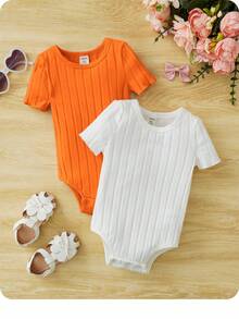 Baby Girl Cute Ribbed Round Neck Short Sleeve Romper, Summer - Multicolor - View 3