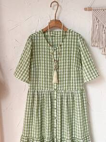 Rusticease Plus Size Women's Sage Green Plaid Dress,Summer 1920s Elegant Picnic Loose Fit Round Neck Short Sleeve Flowy Long Dress,Casual Vacation Outfits - Green - View 4