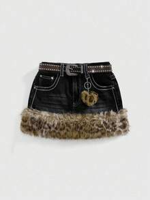 ROMWE Kawaii Y2K复古豹纹毛边大码女式韩风迷你低腰裙配腰带配饰 - 黑色 - 查看 6
