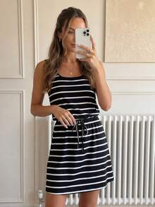 Easowa Spring & Autumn Women Casual Stripe Print U-Neck Sleeveless Drawstring Waist Fashion Vacation Dress,Vacation Outfits Woman,Summer Dresses For Women - Black - View 8