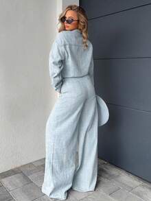 Jeta Ari Autumn New Women's Chambray Denim Drop Shoulder Long Sleeve Wide Leg Denim Jumpsuit, Retro, Business Casual Women's Wear, 90s Fashion, Light Blue, Mopping Pants, Wide Leg Denim Jumpsuit, Suitable For Going Out And Partying - Blue - View 2