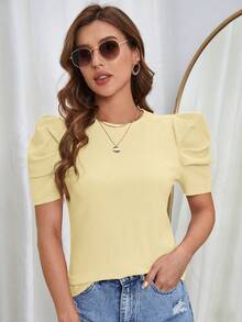 SHEIN Clasi 女士纯色圆领短泡泡袖时尚百搭T恤 - 奶油色 - 查看 5