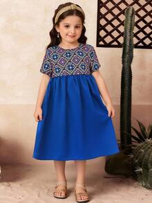 SHEIN Váy chữ A in họa tiết dệt tay ngắn thoải mái cho bé gái đi nghỉ mát, màu xanh coban - Màu xanh lam - Xem 5
