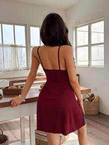 Women's Lace Trim Side Slit Sexy Camisole Nightgown - Burgundy - View 2