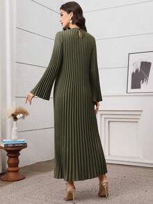 Graceveil Olive Green Long Sleeve Pleated Elegant Arabic Style Dress - Army Green - View 2