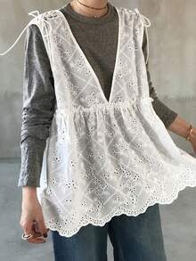 FRIFUL Women's Embroidered Fabric Shoulder Tie-Up Loose Casual Blouse - White - View 3
