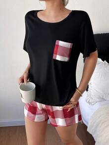 Round Neck Short Sleeve Loose Casual Comfortable Breathable Plaid Print Pajamas - Black - View 5