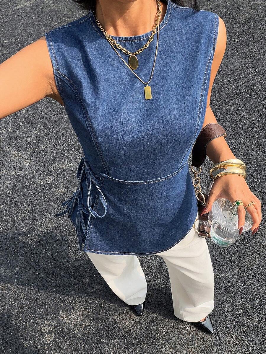 Siren Gaze Women's Blue Denim Wrap-Style Shirt With Bow Tie, Elegant Women's Clothing,Spring Break Outfits ,Valentine Clothes Summer Casual - Dark Wash - View 1