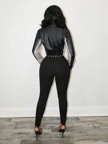 SHEIN BamGlam The Lady's New Sexy Curved Alluring Fitted Long Pants Base Pants With Asymmetrical Straps, The Bold Rope Design For A Tomboyish Personalized, Punk Street Lady Clothing With Dark And Fierce Eye-Catching Ropes. - Black - View 2