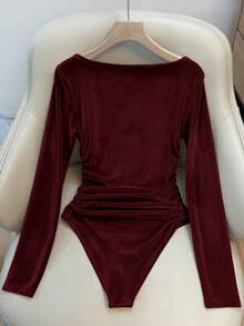 Franclia 优雅修身V领长袖褶皱腰身韩版丝绒连体衣，香槟色，女士款 - 酒紅色 - 查看 2