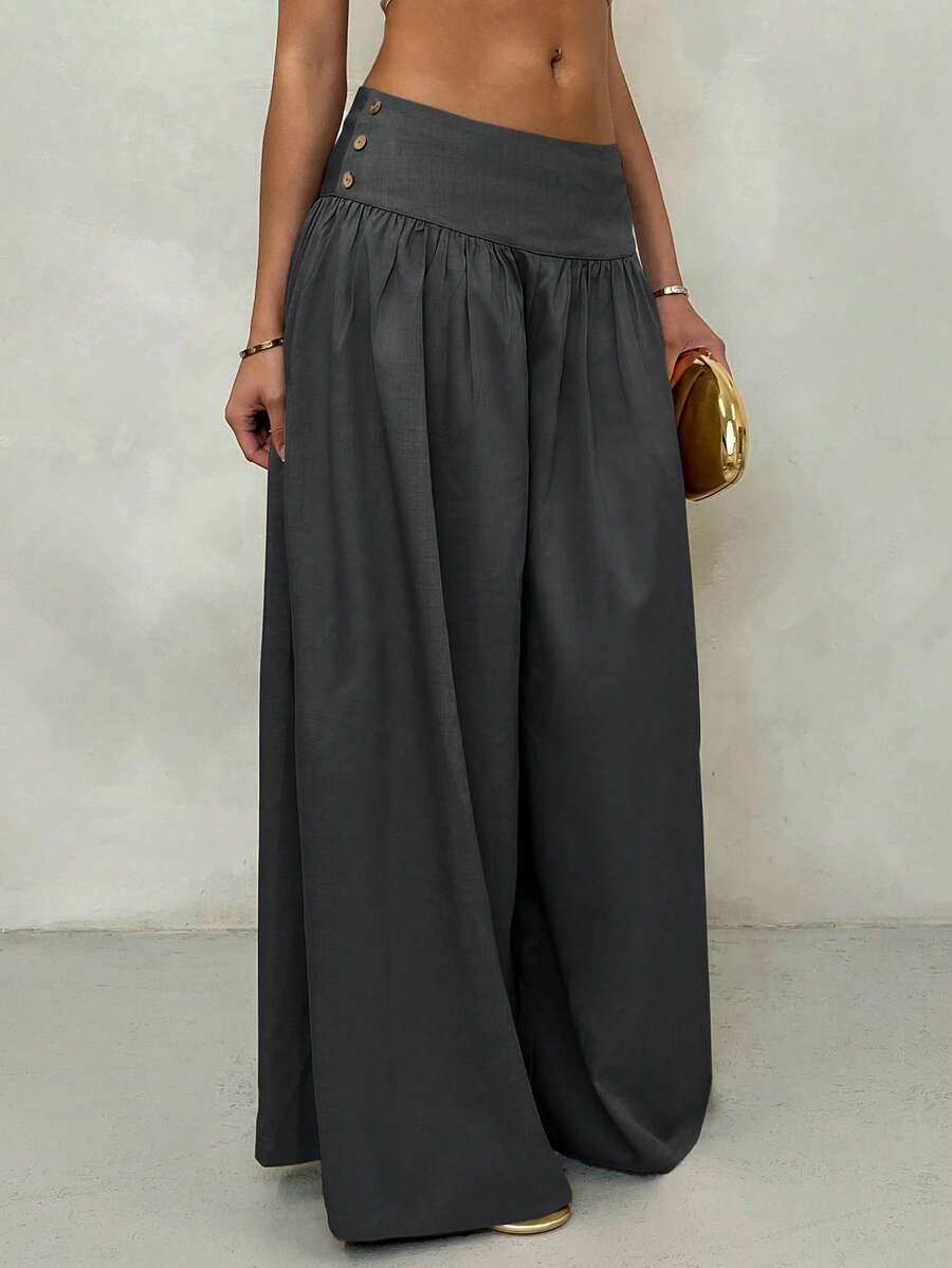Glamine 复古低腰阔腿裤，垂坠感休闲女裤 - 深灰色 - 查看 1