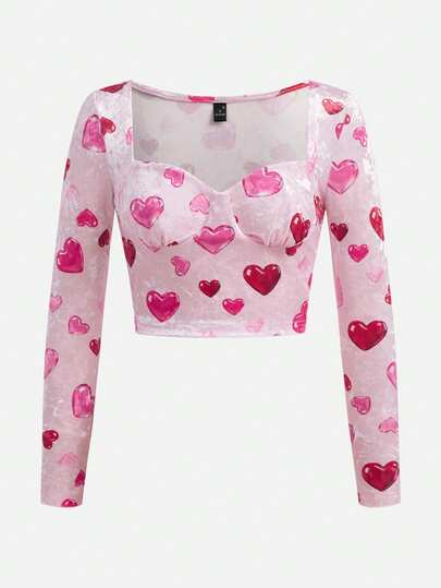 Y2Kool Maria Clara Maia Pink Velet Jelly Heart Love Embellished Y2K Streetwear Cropped Long Sleeve Top, Suitable For Autumn/Winter Parties, Gatherings And Daily Wear Rave Top Glittery Top Pink Sparkly Top Bling Top Glittery Crop Top Rave Stylish Collection New Year Valentine