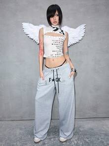 ROMWE Avant 女士复古性感先锋镂空数码Logo英文印花铆钉露脐上衣 - 白色 - 查看 5