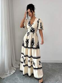 SHEIN Elenzya Đầm nữ dáng tiêu chuẩn, hở lưng, in họa tiết, kiểu dáng thanh lịch, thích hợp cho kỳ nghỉ. - Màu be - Xem 7