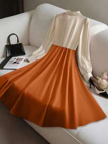 GlowEve Đầm dài tay nữ dáng chữ A, thiết kế phối màu khối, thắt eo, thanh lịch, phù hợp đi làm hàng ngày, phong cách đường phố Pháp cổ điển, đa năng, dự tiệc, công sở, mùa thu/đông. - Nhiều màu - Xem 2