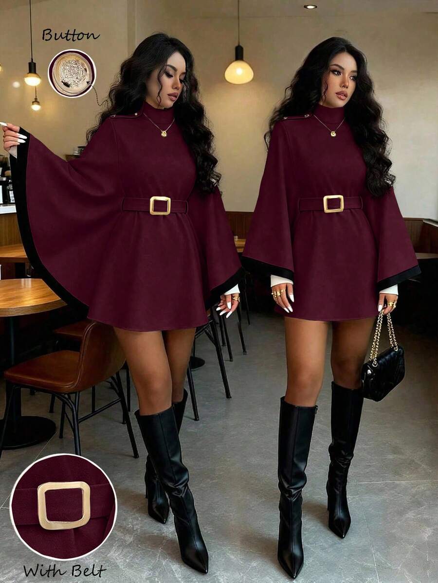 SHEIN Elenzya Women's Poncho Flare Sleeve Wool Blend Casual Elegant Streetwear Commute Business Romantic Date Party Christmas Autumn/Winter Apricot Overcoat - Burgundy - View 1