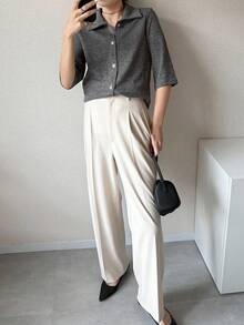 Women's Casual, Everyday, Workwear Minimalist Solid Color Single-Breasted Cardigan T-Shirt, Summer - Grey - View 2