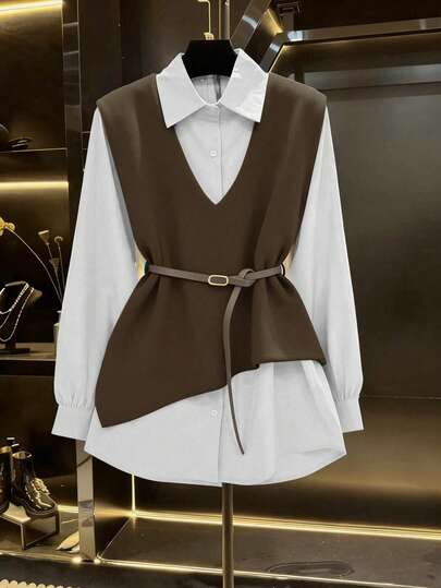 Franclia 2025 Autumn Fresh Debut: Ladies' 2 In 1 Jacket-Shirt Ensemble, Boasting Artful Asymmetrical Tailoring, Exquisite Button Accents & An Adjustable Waist Sash, Streamlined Silhouette That Enhances A Slimmer Look, Versatile For Office Commutes, Leisurely Weekends & Casual Outings