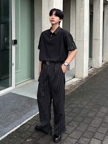 DAZY 男士黑色 Polo 衫和条纹裤两件套，春夏款 - 黑色 - 查看 1