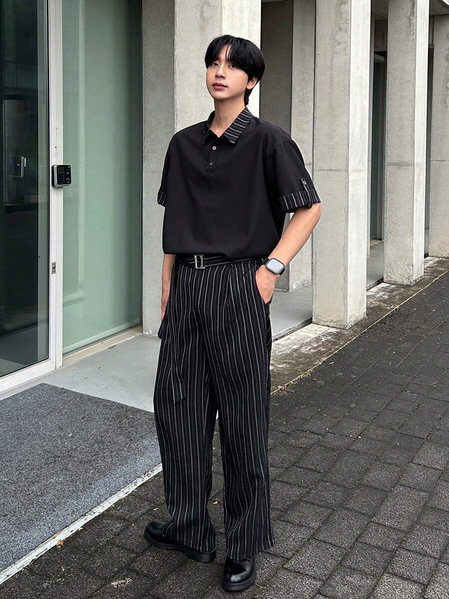 DAZY 男士黑色 Polo 衫和条纹裤两件套，春夏款 - 黑色 - 查看 1