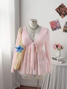 Sweetra Plus Size Women Casual Commuter Cashew Flower Print Long Sleeve T-Shirt - Pink - View 3