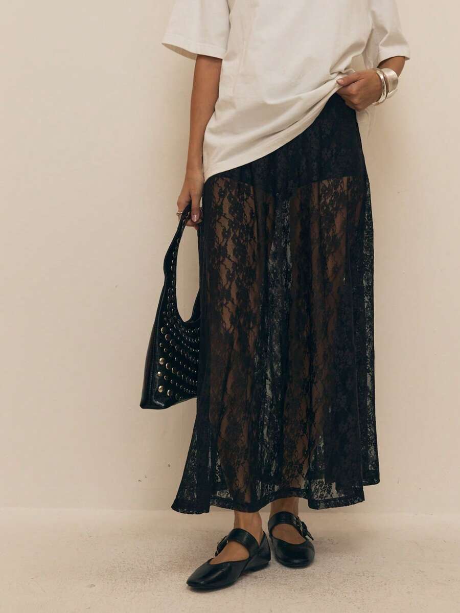 ATUI Studio 女士纯色蕾丝极简性感直筒长裙 - 黑色 - 查看 1