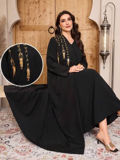 Al Najma Plus Size Women V-Neck Tassel Decor Casual Daily Wear Long Sleeve Arabic Robe