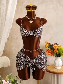 Bonvoyette Women's 3-Piece Swimsuit Set, Sexy Leopard Print Pattern, Elegant Mature Style, Adjustable Straps, Suitable For Beach Vacation, Spring/Summer