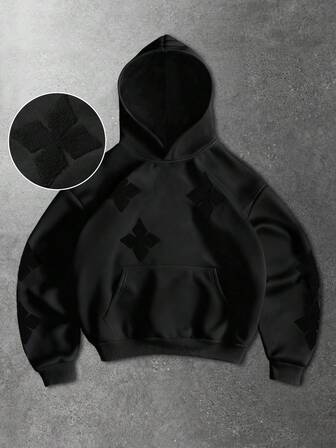 Felpa con cappuccio casual da uomo con tasche e ricamo a croce